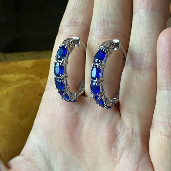 Artistic Blue Spinel Ruby Sterling Silver Hoop Earrings - Picture 3 of 8